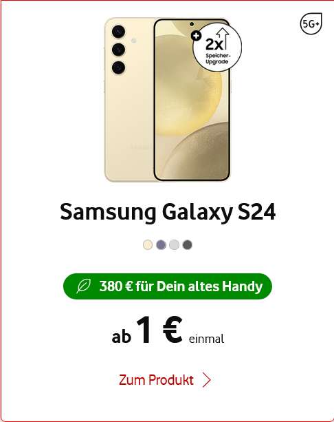 Samsung Galaxy S24 256GB für 445,65€ mit Vodafone Young GigaKombi Allnet/SMS Flat 65GB 5G, 380€ Trade In Bonus, 200€ Shoop Cashback