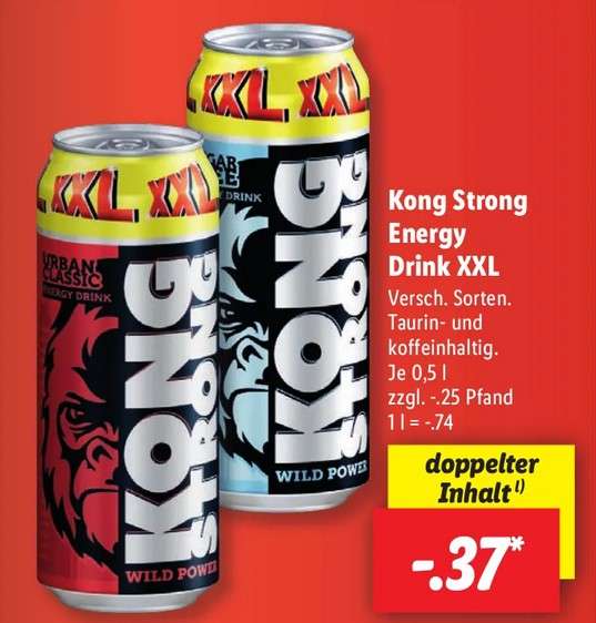 LIDL ab 17.07. 23 Kong Strong Energy Drink XXL 0,5l Dose Classic & Sugar Free für 0,37€ zzgl. 0,25€ Pfand