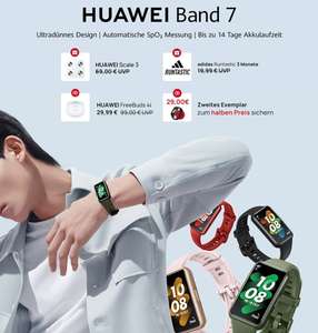 Huawei Watch Band 7 + Huawei Scale 3 + Runtastic Premium 6 Monate (Optional 2tes Huawei Band 7 zu 29,00 € // Huawei Free Buds 4i zu 29,99 €)
