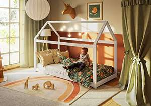 Alcube Kinderbett/Hausbett 80x160 cm, bodentief, mit Lattenrost, massive Kiefer, wasserbasierter Lack