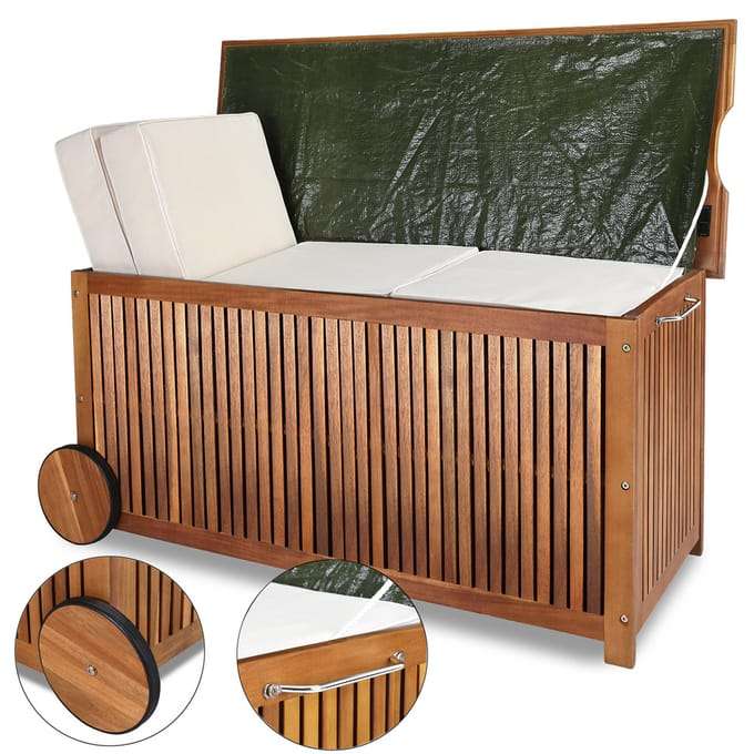 Casaria Auflagenbox | Akazienholz | ölbehandeltes Holz| mit Innenplane | Räder mit Gummibereifung | Transportgriff aus Edelstahl
