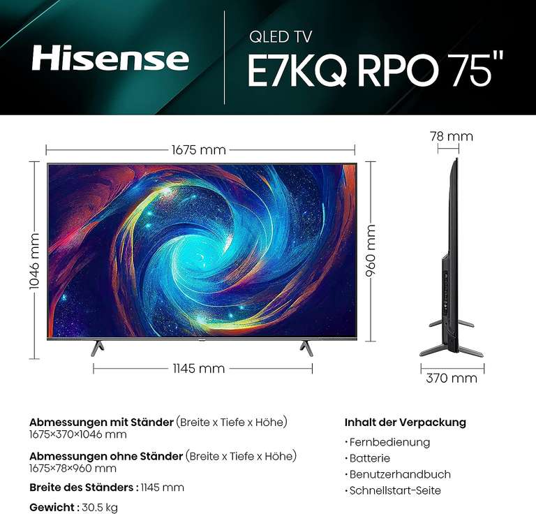 Hisense 75“ 75E7KQ PRO QLED Fernseher 4K 144HZ