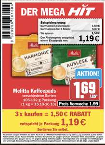 3x Melitta Kaffeepads verschiedene Sorten 105-112 g Packung für 1,19 Euro/Packung mit Coupon