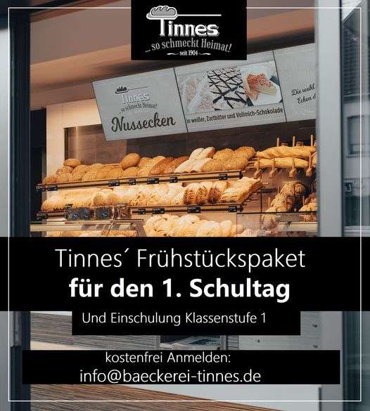 [Lokal Merzig] Bäckerei Tinnes - Gratis Frühstücksüberraschungspaket zum Schulstart (vorher per Mail kostenlos anmelden)