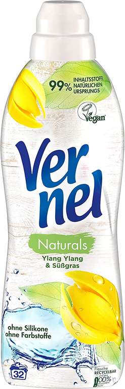Vernel Naturals Weichspüler, Ylang Ylang & Süßgras | vegan, 99% naturbasierte Stoffe, ohne Silikone und Farbstoffe (32 WL) [Prime Spar-Abo]
