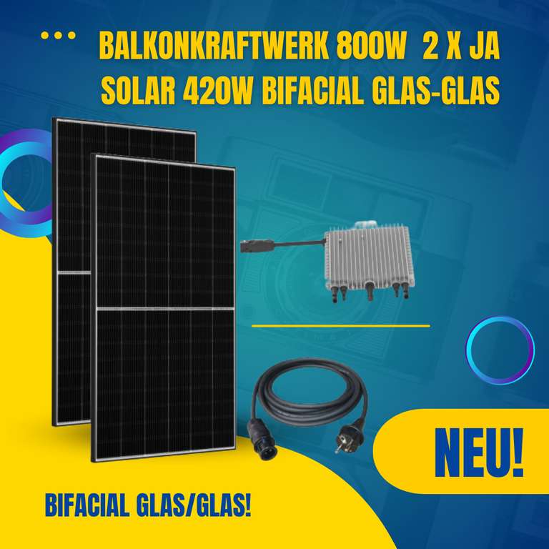 Balkonkraftwerk 800W 2 x JA-Solar 425W Bifacial Glas-Glas + Deye SUN-M80G3-EU-Q0 Wechselrichter (mit Relais) Abholung (299€ Abholung)