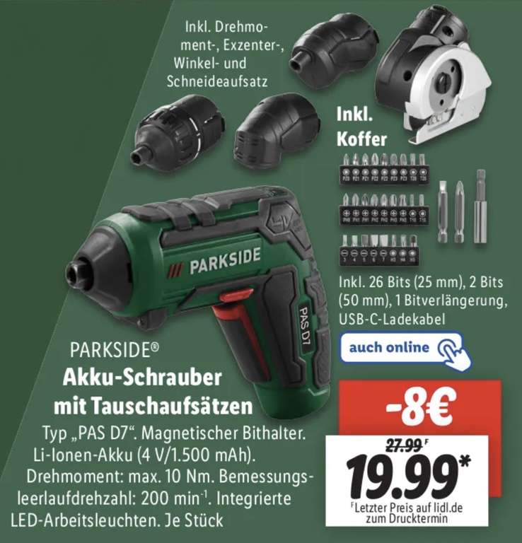PARKSIDE 4V Akku-Schrauber PAS D7 mit 4 Tauschaufsätzen, Koffer und USB-C Anschluss