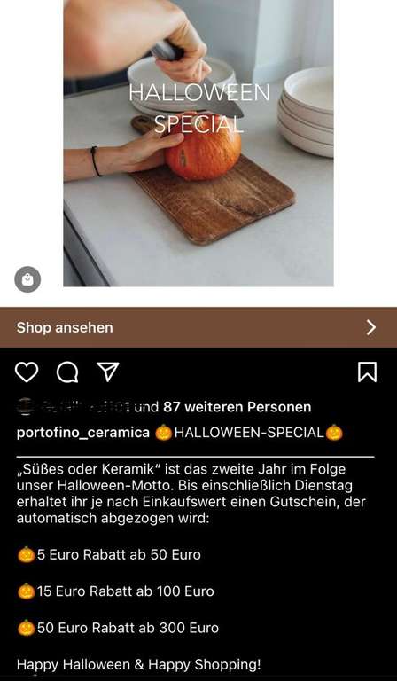 Halloween Aktion bei Portfino Ceramica 5€-50€ Rabatt je nach Bestellwert