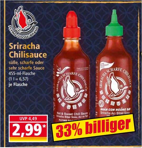 Sriracha Chili-Sauce, süße bis sehr scharfe Sauce in der 455-ml-Flasche für 2,99 Euro [Norma]