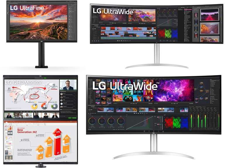 Office-Monitore bei LG: UltraWide 40WP95XP-W - 1149€ | 49WQ95X-W - 1149€ | 27QP88DP-BS / 28MQ780-B - 529€ | UltraFine 27UN880P-B - 359€