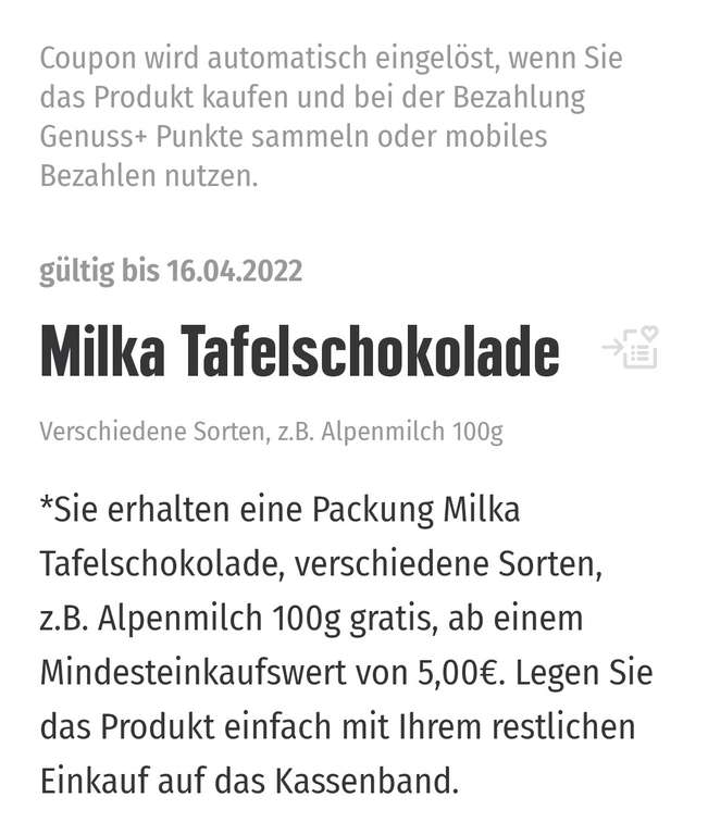 Milka Tafel Schokolade gratis ab 5€ Einkaufswert mit der Edeka Genuss+ App bei Edeka Südwest