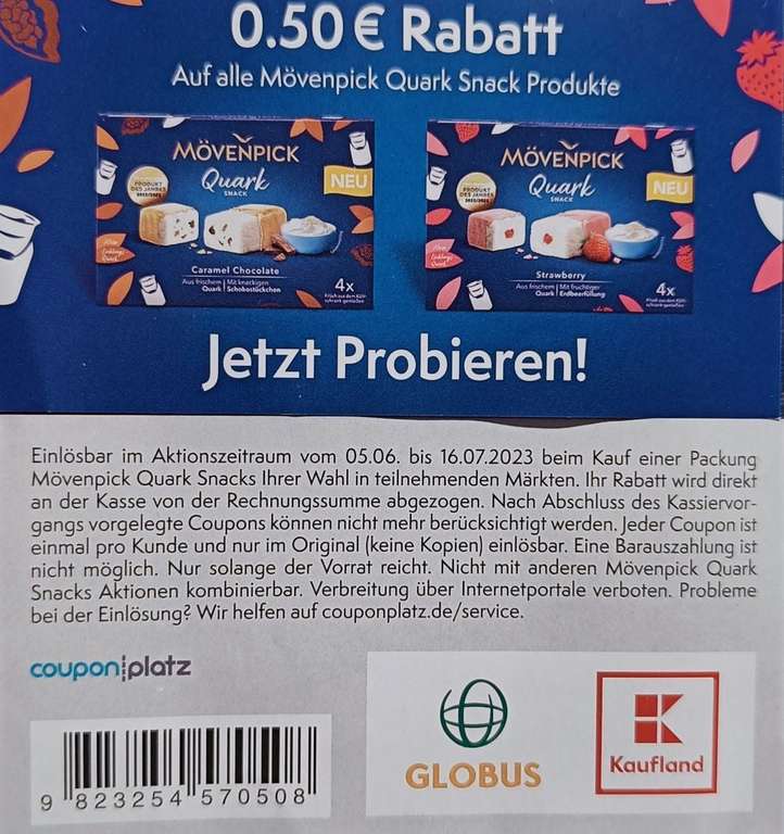 [GLOBUS/KAUFLAND] 0,50€ Rabatt für den Kauf eines Mövenpick Quark Snack Produktes bis 16.07.2023