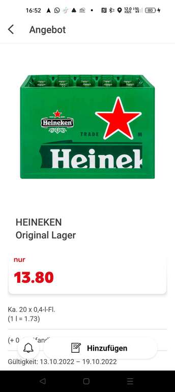 Heineken Premium Pils Flaschenbier, MEHRWEG (20 x 0.4 l) im Kasten / Kaufland 13.80€ Spar-Abo 15% plus 15%GS 12.45€