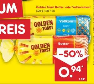 Golden Toast 500 g Packung, Sorten: Butter Toast und Vollkorn Toast, nur heute, Freitag 14.04.2023 bei Netto Marken-Discount