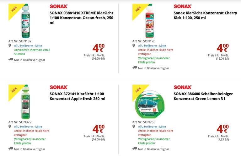 [ ATU LOKAL Abverkauf ] SONAX XTREME KlarSicht 1:100 Konzentrat Ocean-fresh Cherry Kick Apple Fresh , 250 ml für je 4€ - macht 0,16€ für 1l