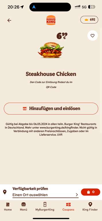 Preisfehler bei Burger King für Chicken Steakhouse.