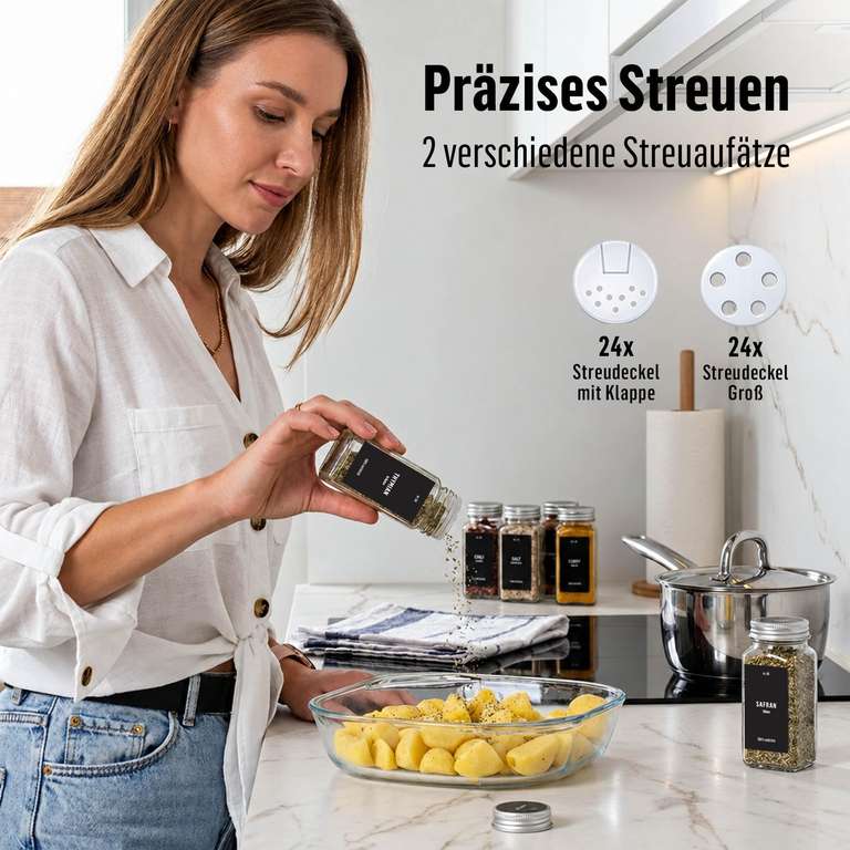 Deco Haus Gewürzgläser eckig 24er-Set 120 ml – Trichter, Etiketten