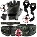 C.P. Sports Bundle: Trainings-Handschuhe aus 90% Leder + Gewichthebergürtel aus 100% Nylon + Zughilfen aus 100% Baumwolle