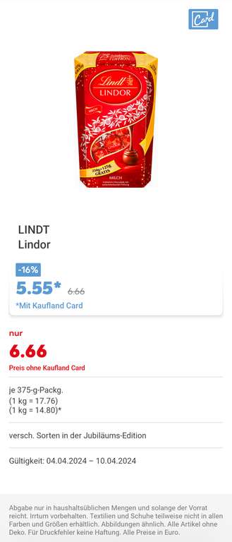 Lindt Lindor 375g, verschiedene Sorten mit Kauflandcard (entspr. 14,80€/kg) [Kaufland] 04.04.-10.04.