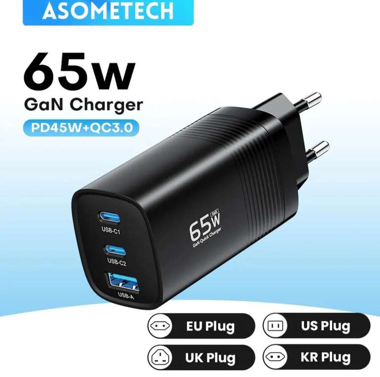 Asometech 65w GaN Ladegerät zum Bestpreis | 2x USB-C, 1x USB-A, PPS