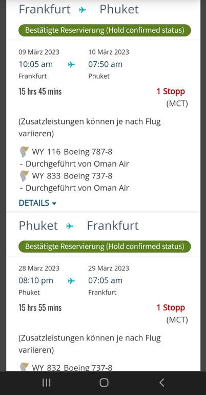 Flug FRA Frankfurt nach Thailand Phuket HKT März 23 Oman Air