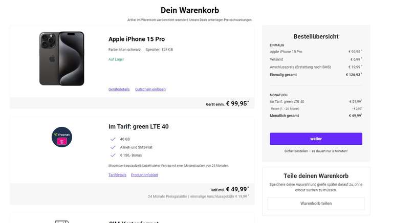 (deinhandy.de) iPhone 15 Pro 128GB & freenet green LTE 40 GB & Allnet für 49,99€ mtl. + 99,95 € ZZ + 19,99 € Anschlussgeb. | -150€ bei RNM