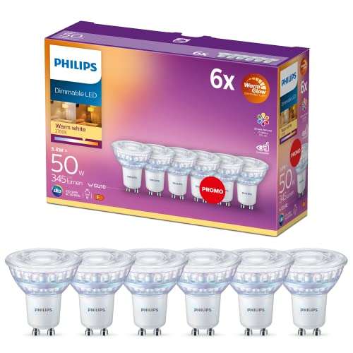 [Prime] Philips LED Classic WarmGlow GU10 Lampe ersetzt 50W, 6-er Pack, 2200-2700 K, 345 lm, Modell: ‎929002065733