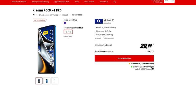 Xiaomi POCO X4 Pro 5G, 8/256GB, laser blue, wahlweise O2 Basic 15/20, 2,07/6,90 mtl netto, Shoop- effektiv 409,69€