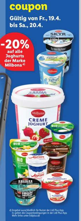 [Lidl mit Lidl Plus] 20% auf alle Joghurts der Marke Milbona