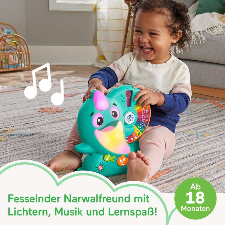(Prime) Fisher-Price Interaktives Narwal-Spielzeug, Lernspiel mit Lichteffekten für Kinder ab 18 Monaten, 135+ Songs/Geräusche, BlinkiLinkis