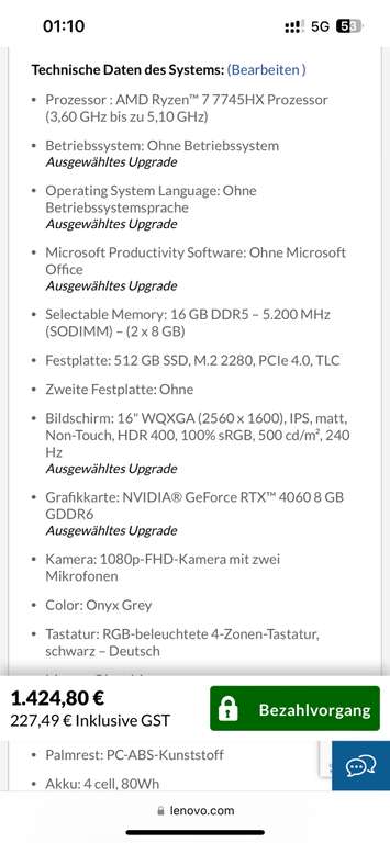 Lenovo Legion Pro 5 (16", 8) (2560 x 1600) IPS 240 Hz - Ryzen 7 7745HX, 16 GB RAM, 512 GB SSD, RTX 4060 8 GB
