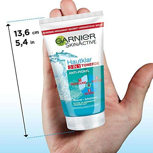 Garnier Hautklar 3 in 1 Gesichtsreinigung für unreine Haut, Reinigung, Peeling & Maske, Salizylsäure & Tonerde, 150 ml (Spar-Abo / Prime)