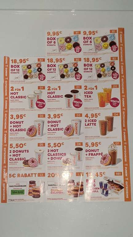 Dunkin Donut Gutscheine - 6er Box 9,95€ (12,95€) / 12er Box 18,95€ (22,95€) / 2for1 Drinks Heiß - Kalt. Gültig bis zum 10.02.2024