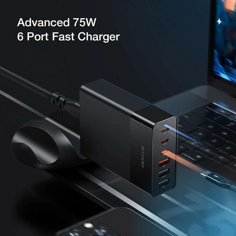 BlitzWolf BW-S25 75W 6 Port Ladegerät - 3x USB-C / 3x USB-A - [Versand aus Tschechien]