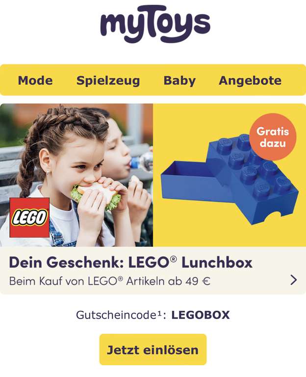 [Mytoys] Gratis Lego Lunchbox beim Kauf von Lego Artikel ab 49 Euro
