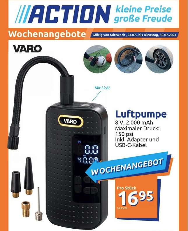 Varo VAR 10075/23 Luftpumpe 10 Bar, Akku-Kompressor fr Auto & Fahrrad nur  16,95 bei Action | mydealz