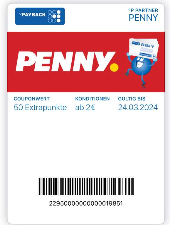[Payback] 50 Extrapunkte bei Penny ab einem Einkaufswert von 2€ | gültig bis zum 24.03.2024