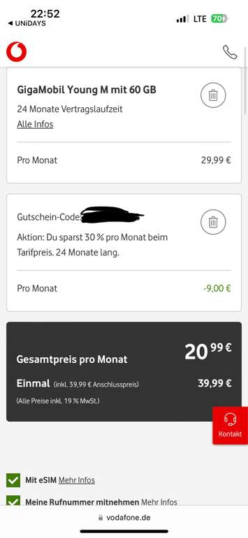 [UniDays] Vodafone GigaMobil Young 60GB 20.99 + 39.99 (24 Monate Laufzeit)