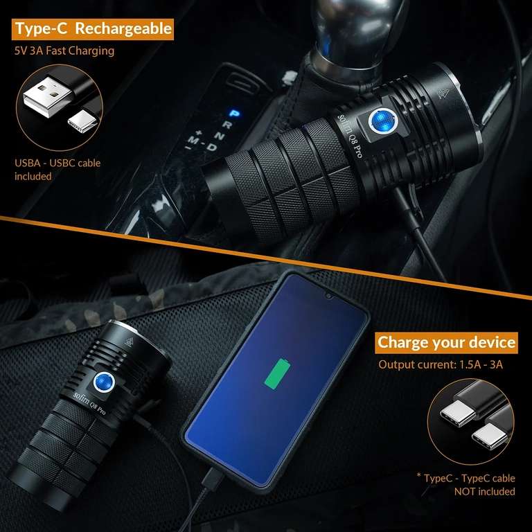 Taschenlampe Sofirn Q8 Pro 11000 Lumen USB C Rechargeable Flashlight 4* XHP50.2 LEDs Anduril 2 UI Torch inklusive 4 x 18650 Sofirn Akkus