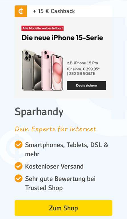 Sparhandy Handyvertrag Web DE/ GMX 15€ Cashback