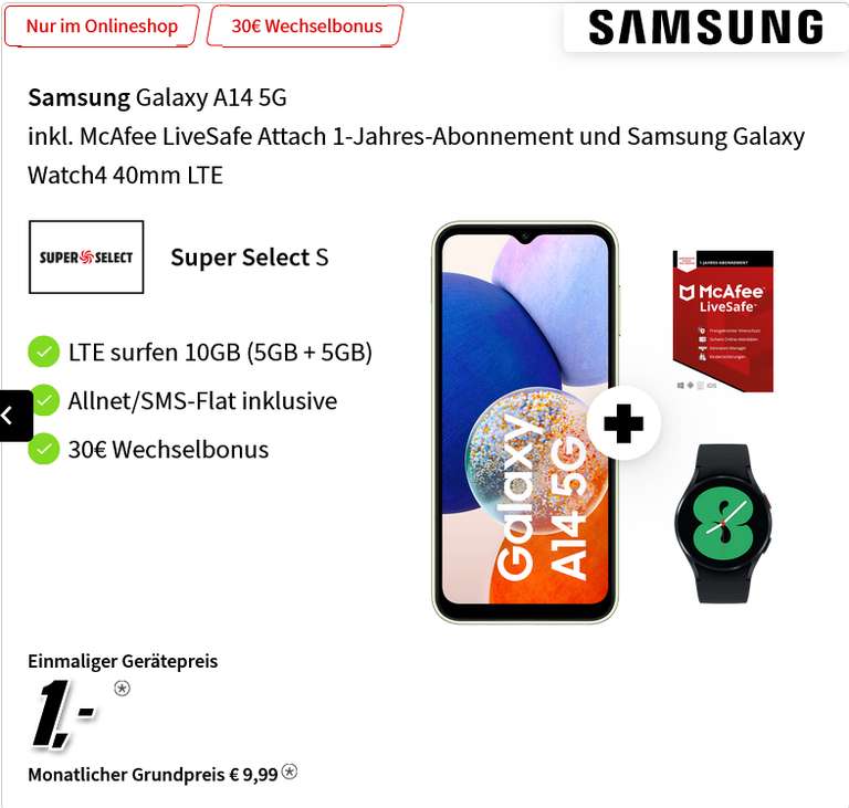 75€ unter Idealo Preis, O2 Netz: Samsung Galaxy A14 5G & Galaxy Watch4 LTE im Allnet/SMS Flat 10GB LTE für 9,99€/Monat, 1€ ZZG, 30€ RNM
