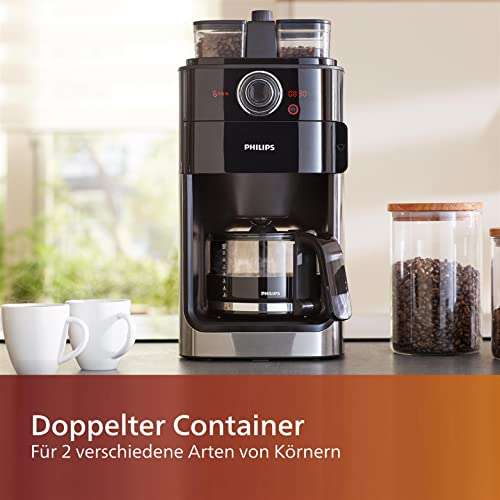 Philips HD7769/00 Grind & Brew mit Mahlwerk – 1.2-Liter-Glaskanne, bis zu 12 Tassen, Duo-Behälter für Kaffeebohnen, Timer