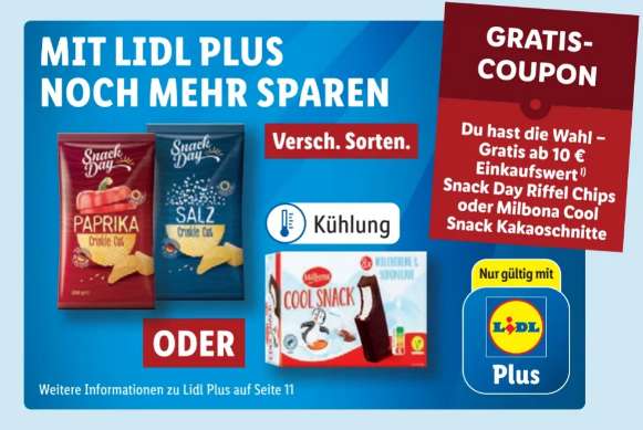 Lidl Plus: Gratis Snack Day Riffel Chips oder Milbona Cool Snack Kakaoschnitte ab 10€ Einkaufswert von Freitag, 18.03. bis Samstag, 19.3.