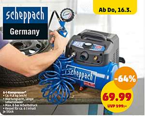 (Penny) Scheppach Druckluft Kompressor HC06 6L Kessel | 8 bar| 1200 Watt Leistung | mobil & kompakt Luftkompressor für 69,99€!
