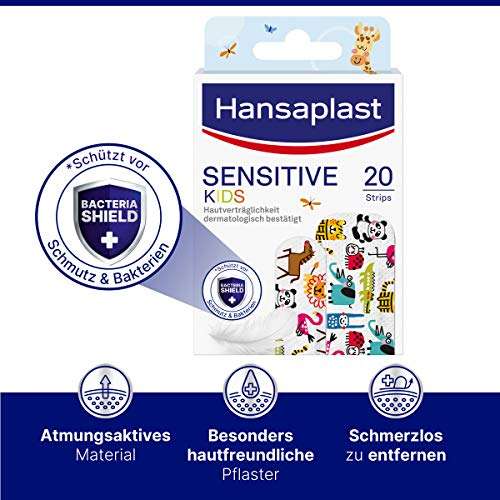 [PRIME/Sparabo] Hansaplast Kinderpflaster Sensitive (20 Strips), Wundpflaster mit niedlichen Tiermotiven zum Aufmuntern