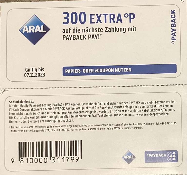 Aral Payback Coupons (z.B. 12Fach auf Kraftstoffe, 300 Extra P auf Payback Pay)
