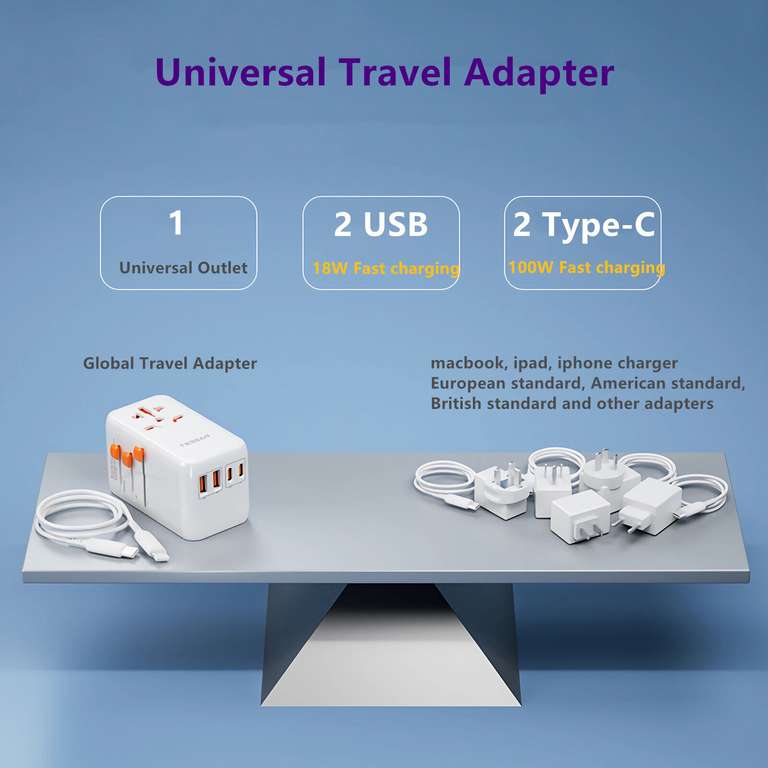 Tessan 100W Reiseadapter Weltweit mit 2 USB A & 2 USB C für EU US UK CN Japan für 45,98€