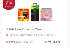 24% + 10% Rossmann App Coupon auf Gillette Fusion, Labs, Venus, 12er Fusion 5 für 25,86€