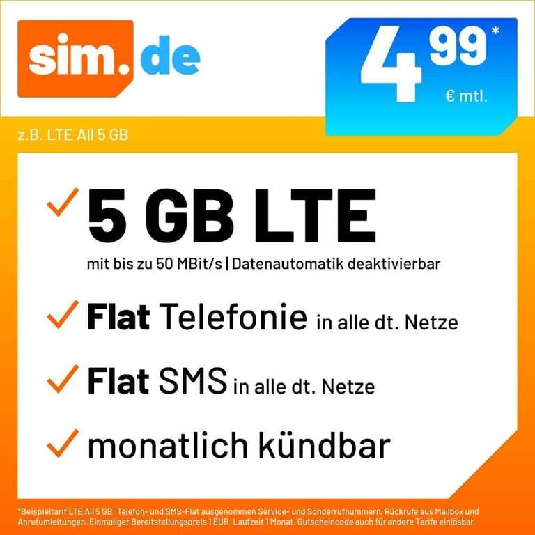 Sim.de/handyvertrag.de | 5 GB LTE+Allnet+SMS-Flat+VoLTE&WLAN Call für 4,99€/ mtl kündbar| 6GB-5,99€ | 14GB-8,99€ | 20GB-10,99€ | 25GB-12,99€