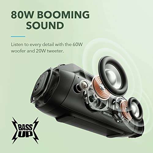 Anker Soundcore Motion Boom Plus, IP67 Lautsprecher, 80W Stereo Sound, USB-C, Powerbank, Wasserdicht, für Camping, Pool, Strand, Garten